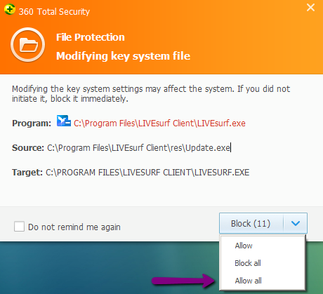 360 Total Security: blocco dell'installazione di LIVEsurf