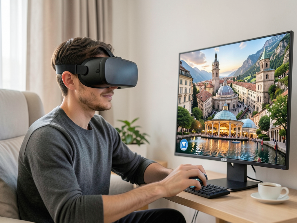 Persona con visore VR esplora mete turistiche virtuali