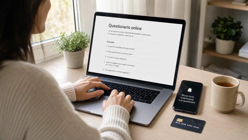 Laptop con un questionario di sondaggio online retribuito