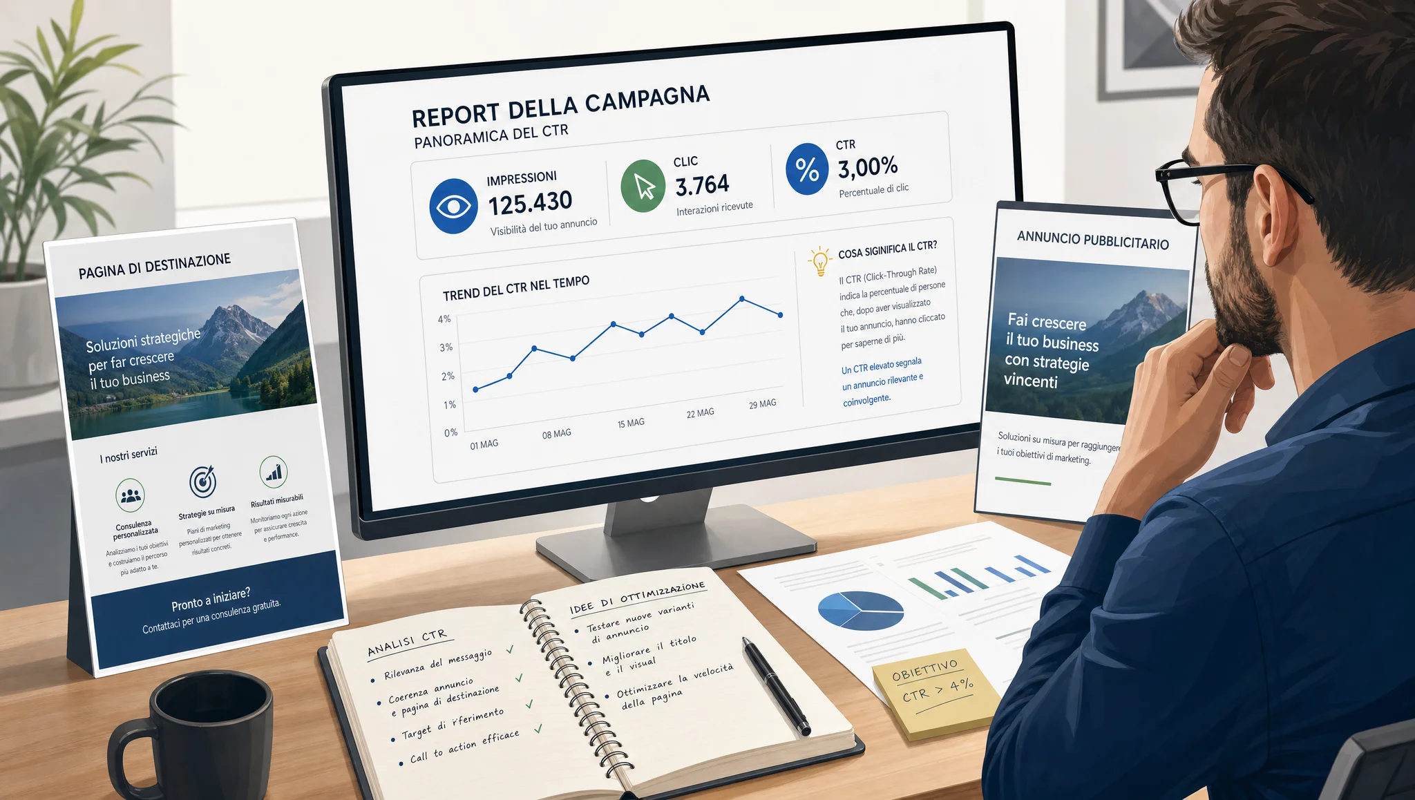 Un esperto di marketing analizza il CTR di una campagna pubblicitaria