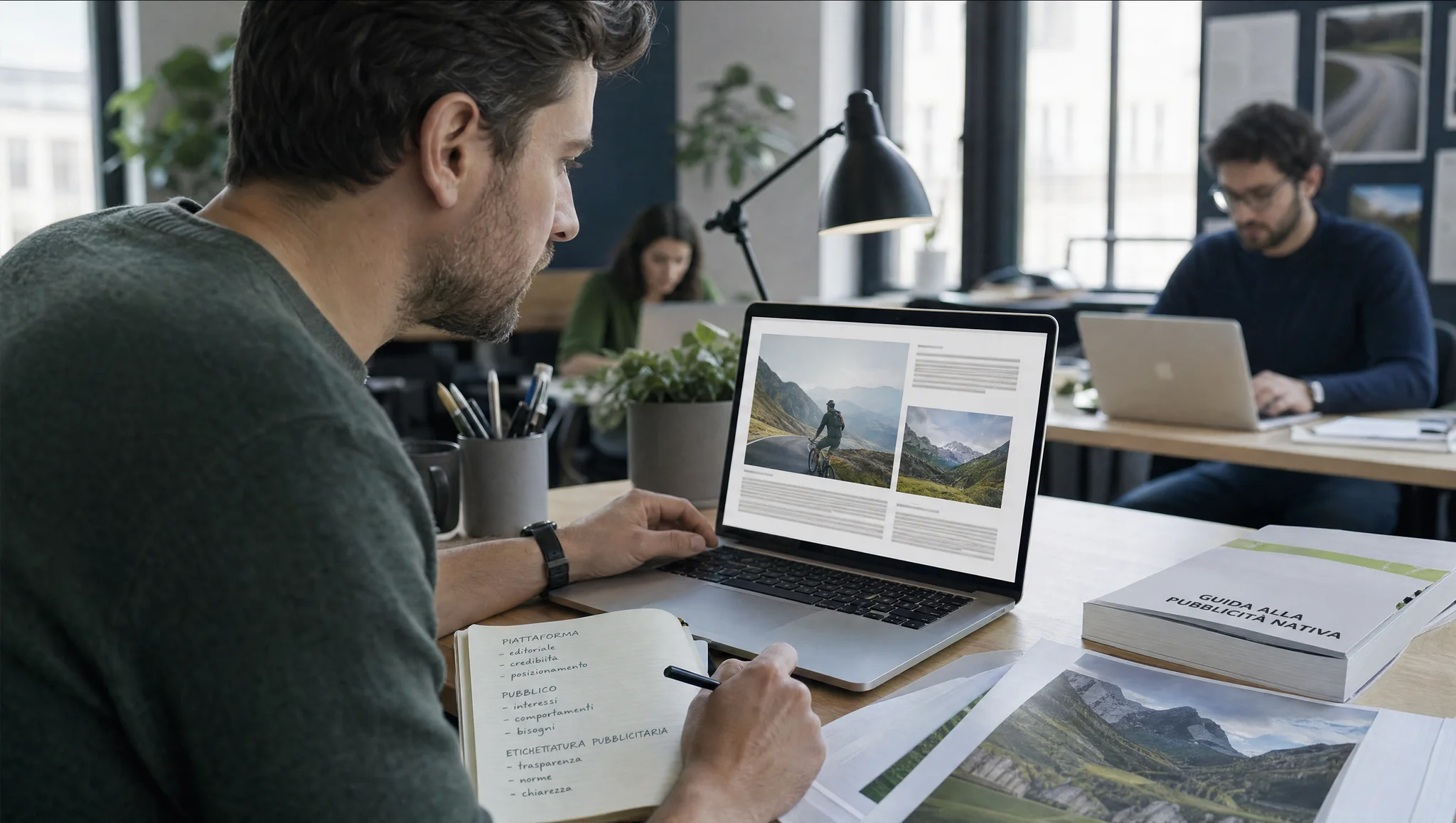un esperto di marketing esamina un contenuto di pubblicità nativa