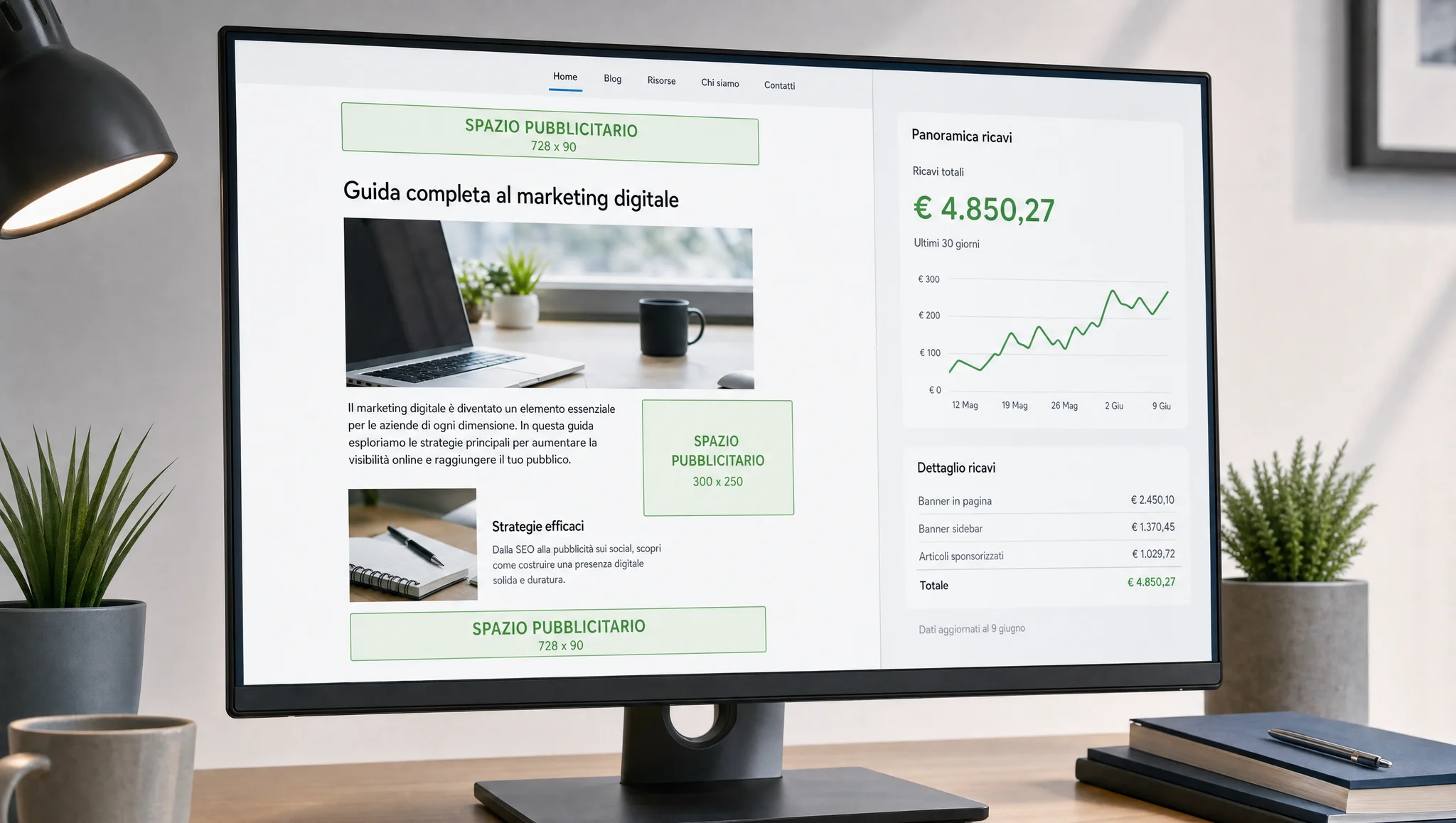 Dashboard dei ricavi pubblicitari del sito con AdSense