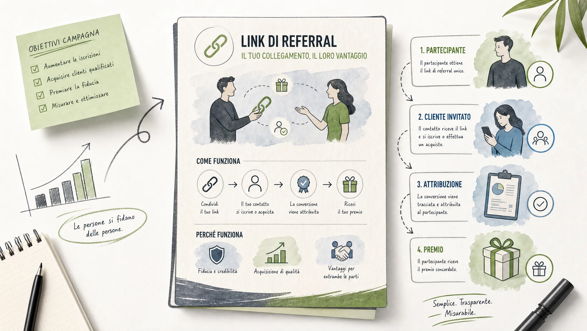 Elementi di un sistema di referral su una lavagna di lavoro